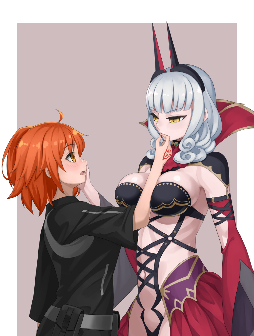 2girls absurdres ahoge black_jacket blush breasts cape carmilla_(fate/grand_order) commentary_request eyebrows_visible_through_hair fate/grand_order fate_(series) from_side fujimaru_ritsuka_(female) grey_background hand_on_another's_cheek hand_on_another's_face hand_to_own_mouth height_difference highres horns jacket kairopoda large_breasts long_hair looking_at_viewer medium_hair multiple_girls navel open_mouth orange_eyes orange_hair silver_hair simple_background two-tone_background upper_body v-shaped_eyebrows yellow_eyes yuri