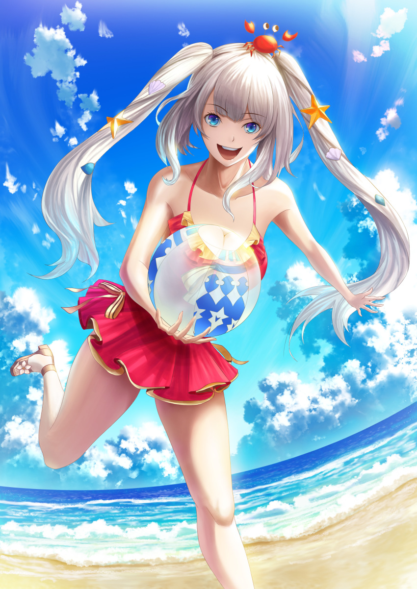 1girl absurdres ball beach beachball blue_eyes blue_sky breasts cleavage clouds collarbone dutch_angle fate/grand_order fate_(series) from_below fujifuji924 highres large_breasts long_hair looking_at_viewer marie_antoinette_(fate/grand_order) ocean open_mouth red_skirt sand sandals shell_hair_ornament shore silver_hair skirt sky smile solo standing standing_on_one_leg starfish_hair_ornament swimsuit swimsuit_skirt thighs twintails