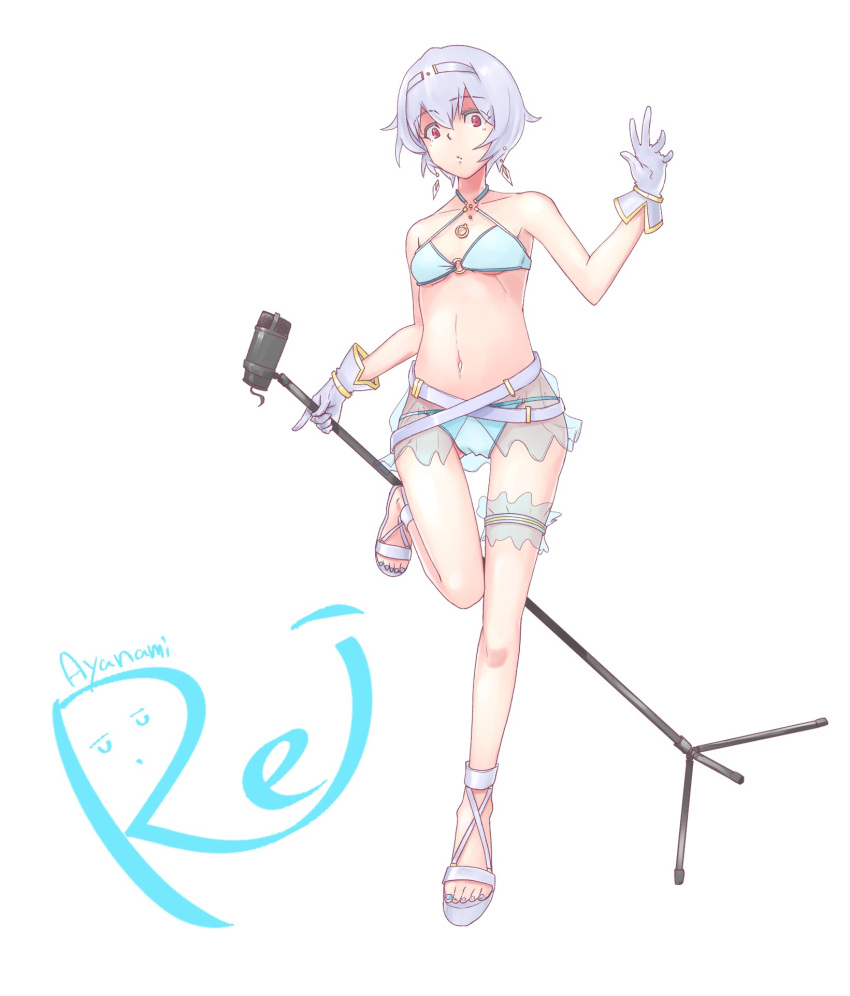 1girl ayanami_rei bikini blue_bikini blue_nails breasts character_name collarbone criss-cross_halter earrings eyebrows_visible_through_hair full_body gloves grey_gloves hair_between_eyes hairband halterneck highres holding_microphone_stand index_finger_raised jewelry konbari_tariumu nail_polish neon_genesis_evangelion red_eyes see-through short_hair silver_hair simple_background small_breasts solo standing standing_on_one_leg swimsuit thigh_strap toenail_polish under_boob white_background