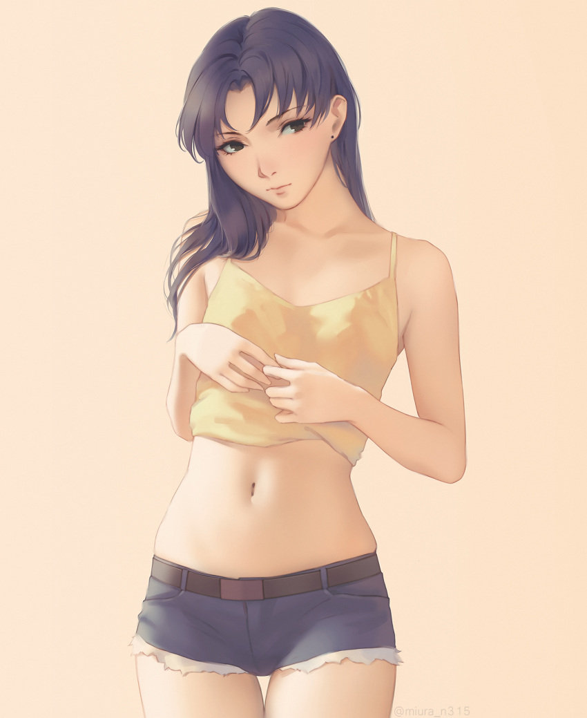 1girl bangs bare_arms bare_shoulders belt belt_buckle black_eyes blue_shorts brown_belt buckle camisole camisole_lift closed_mouth collarbone commentary_request cowboy_shot earrings eyebrows_visible_through_hair female head_tilt highres jewelry katsuragi_misato lifted_by_self long_hair miura-n315 navel neon_genesis_evangelion purple_hair short_shorts shorts simple_background solo stomach stud_earrings tan_background thigh_gap twitter_username yellow_camisole