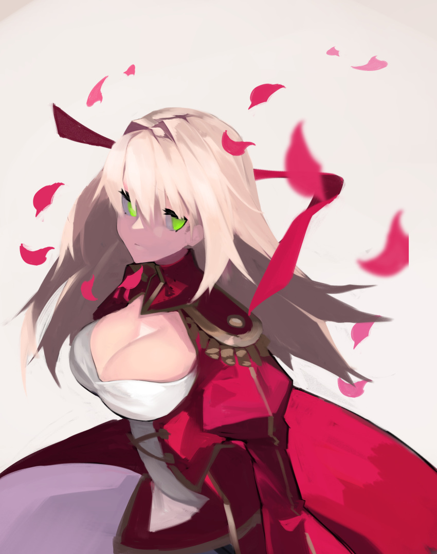 1girl absurdres alternate_hair_length alternate_hairstyle balance_(superdust) blonde_hair breasts cleavage dress epaulettes fate/extra fate_(series) green_eyes hair_down hair_intakes hair_ribbon highres juliet_sleeves large_breasts long_dress long_hair long_sleeves nero_claudius_(fate) nero_claudius_(fate)_(all) petals puffy_sleeves red_dress red_ribbon ribbon ribbon_removed solo