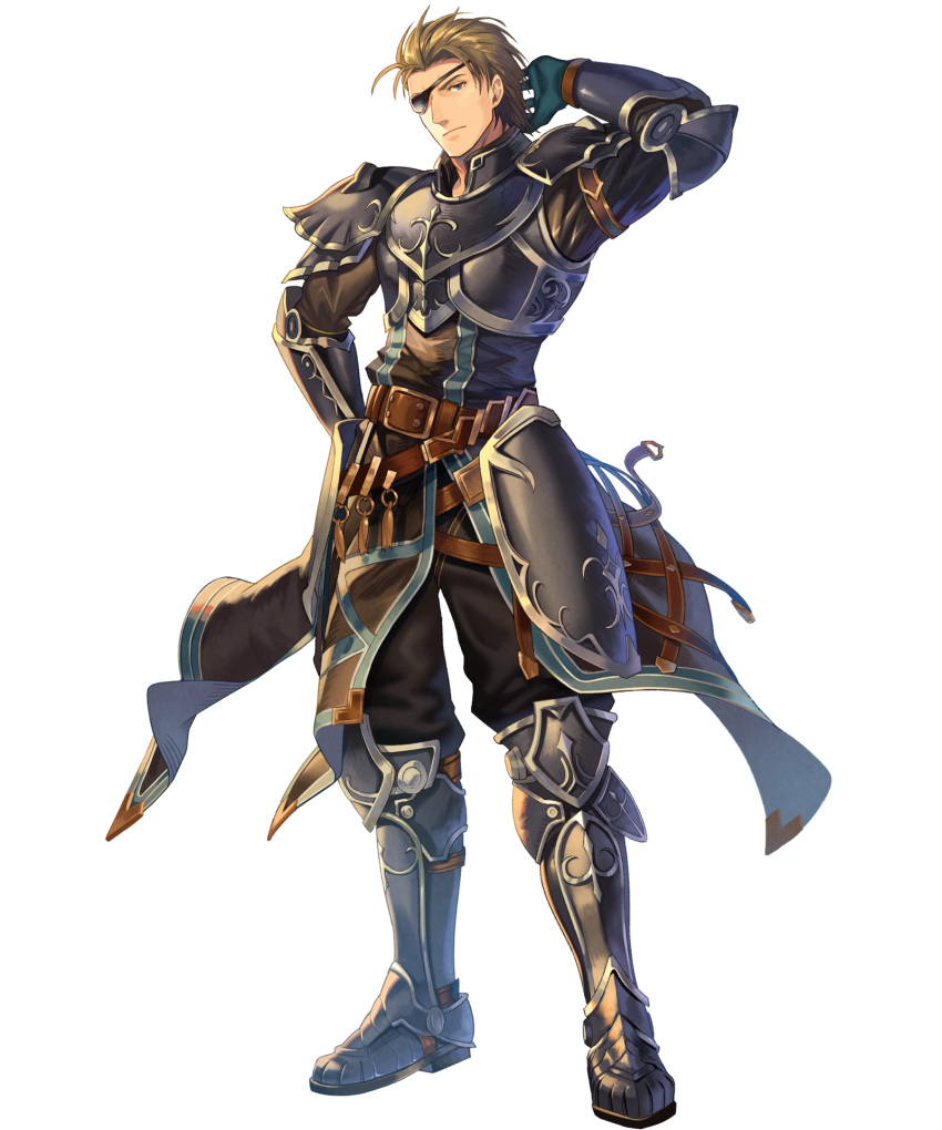 1boy armor armored_boots belt blue_eyes boots brown_hair eyepatch fire_emblem fire_emblem:_akatsuki_no_megami fire_emblem:_souen_no_kiseki fire_emblem_heroes full_body gloves haar highres male_focus nintendo official_art solo transparent_background