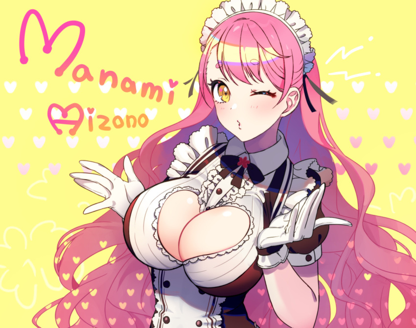 1girl absurdres aizono_manami bangs blush breasts buttons character_name cleavage cleavage_cutout commentary eyebrows_visible_through_hair eyelashes frills gloves heart highres large_breasts long_hair looking_at_viewer maid_headdress nijisanji one_eye_closed parted_lips pink_hair puffy_short_sleeves puffy_sleeves short_eyebrows short_sleeves solo thick_eyebrows unmoving_pattern upper_body very_long_hair virtual_youtuber wavy_hair white_gloves yellow_background yuura