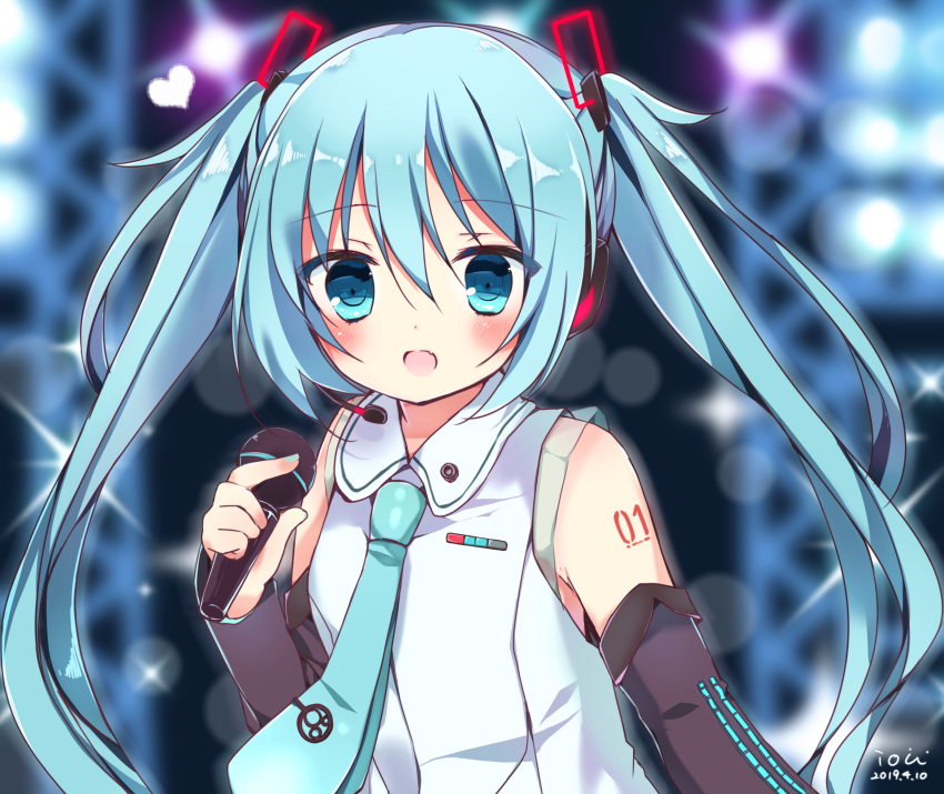 1girl ai_1003 bare_shoulders black_sleeves blue_eyes blue_hair blue_neckwear blurry blurry_background blush collared_shirt commentary_request dated depth_of_field detached_sleeves hair_ornament hatsune_miku headphones heart highres long_hair long_sleeves necktie shirt signature sleeveless sleeveless_shirt solo stage_lights tie_clip twintails upper_body very_long_hair vocaloid white_shirt