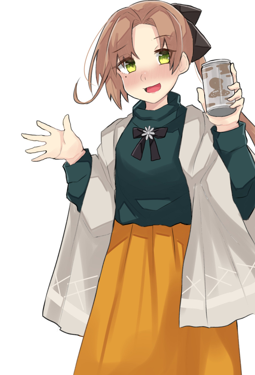 1girl absurdres akigumo_(kantai_collection) alternate_costume beer_can blush brown_hair can commentary_request cowboy_shot dokuganryuu green_eyes green_sweater hair_ribbon highres kantai_collection long_hair looking_at_viewer mole mole_under_eye open_mouth orange_skirt ponytail ribbon shawl simple_background skirt smile solo sweater waving white_background