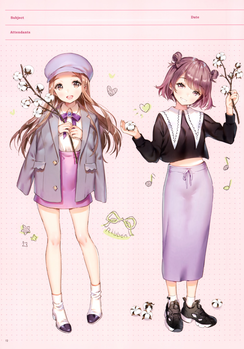 2girls absurdres ancotaku ankle_boots bangs boots bow brown_eyes brown_hair cotton_boll eyebrows_visible_through_hair full_body highres holding huge_filesize jacket jacket_on_shoulders long_hair long_skirt long_sleeves looking_at_viewer multiple_girls open_mouth original page_number parted_lips purple_bow purple_hair purple_skirt scan shoes short_hair simple_background skirt smile sneakers socks standing violet_eyes white_legwear
