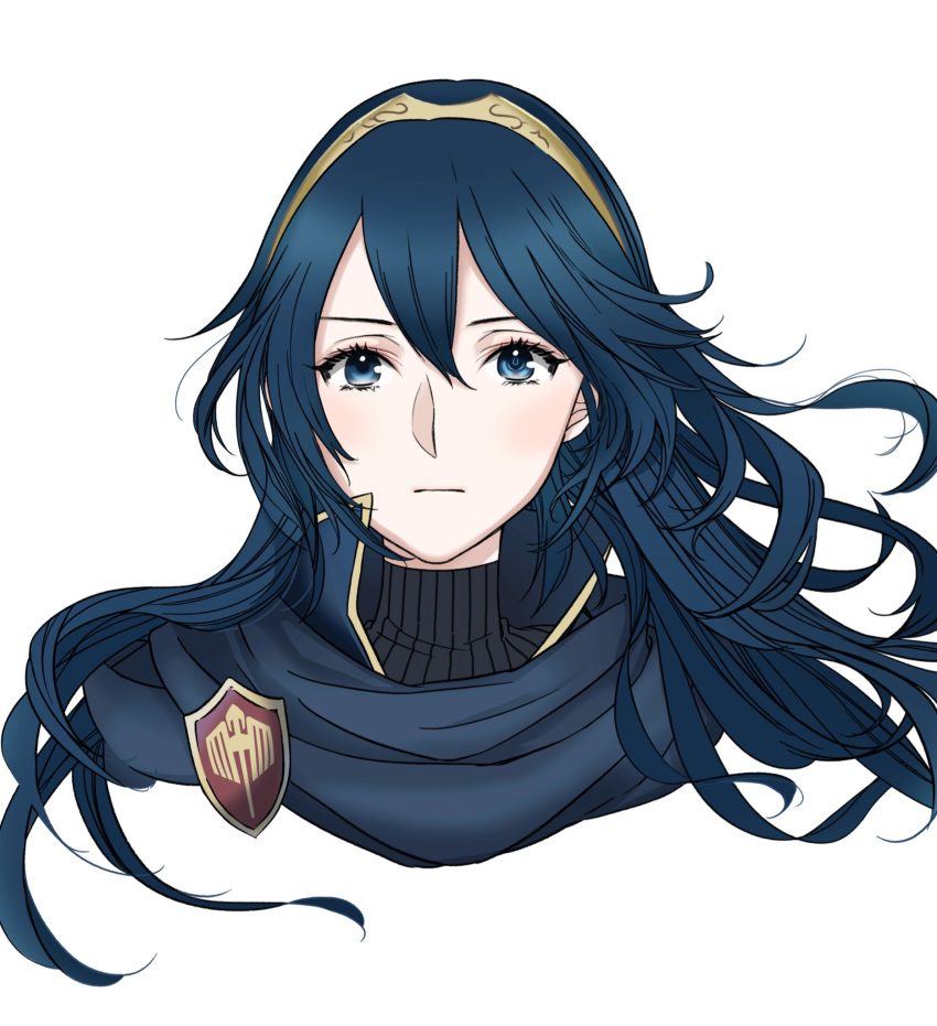 1girl blue_eyes blue_hair blue_scarf closed_mouth commentary_request face fire_emblem hair_between_eyes highres jewelry long_hair looking_at_viewer lucina nintendo pendant ribbed_sweater roroichi scarf super_smash_bros. sweater
