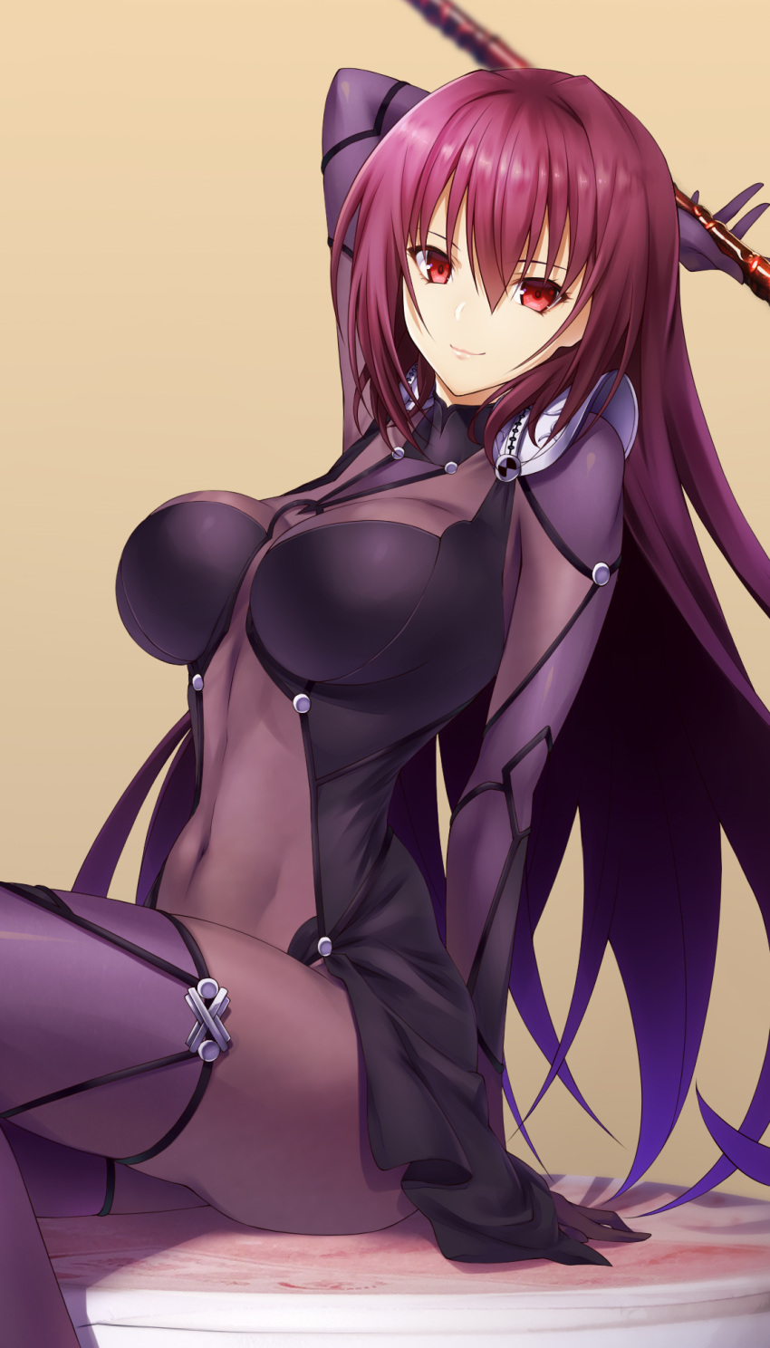bodysuit breasts covered_navel emanon123 fate/grand_order fate_(series) gae_bolg gradient gradient_background hair_intakes highres holding holding_weapon impossible_bodysuit impossible_clothes large_breasts leotard long_hair looking_at_viewer pauldrons polearm purple_bodysuit purple_hair purple_leotard ramen red_eyes scathach_(fate)_(all) scathach_(fate/grand_order) sholding shoulder_armor simple_background sitting smile solo spear weapon