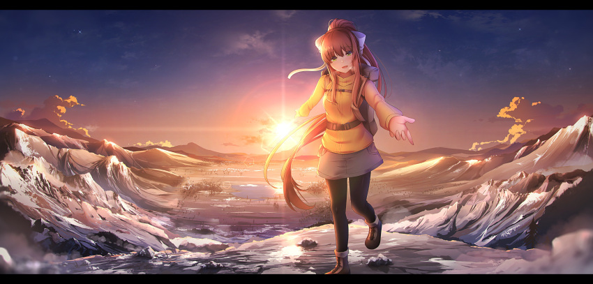 1girl absurdly_long_hair absurdres backpack bag black_legwear breasts brown_footwear brown_hair clouds day doki_doki_literature_club eyebrows_visible_through_hair full_body green_eyes hair_between_eyes hair_ribbon highres hiking legs long_hair looking_at_viewer medium_breasts monika_(doki_doki_literature_club) mountain open_mouth outdoors ponytail ribbon sky snow solo sun sweater thighs tsukimaru very_long_hair yellow_sweater