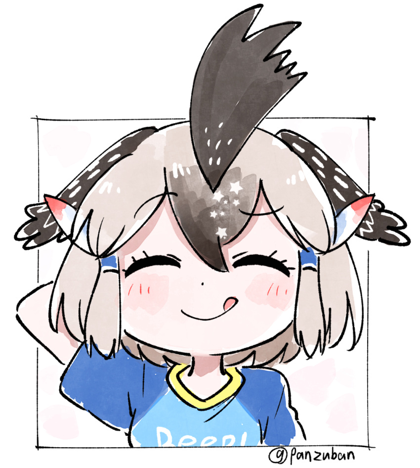 1girl :q ^_^ arm_behind_head artist_name bangs black_hair chibi closed_eyes closed_eyes clothes_writing commentary_request eyebrows_visible_through_hair facing_viewer feathers frame greater_roadrunner_(kemono_friends) grey_hair hair_between_eyes hair_feathers hair_ornament head_wings highres kemono_friends mismatched_eyebrows panzuban raglan_sleeves shirt short_hair simple_background smile solo t-shirt tongue tongue_out twitter_username white_background