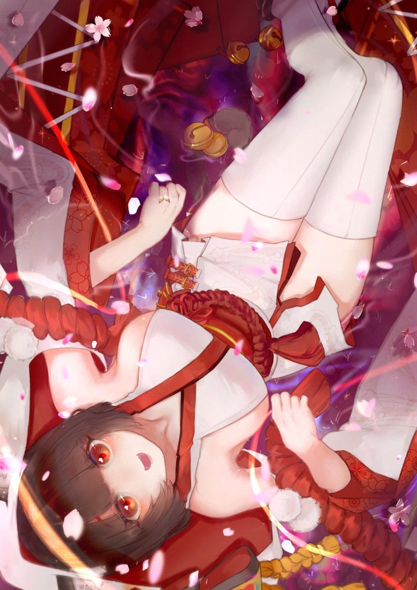 1girl :d absurdres animal_ears artist_request azur_lane bare_shoulders bell black_hair blush breasts cat_ears cat_tail chinese_commentary commentary_request detached_sleeves dress fang from_above highres japanese_clothes jewelry jingle_bell kimono large_breasts long_sleeves looking_at_viewer looking_up lying on_back open_mouth petals red_eyes ring short_hair short_kimono sideboob smile solo tail tail_bell thigh-highs thighs uchikake water wedding_dress wedding_ring white_kimono wide_sleeves yamashiro_(azur_lane)