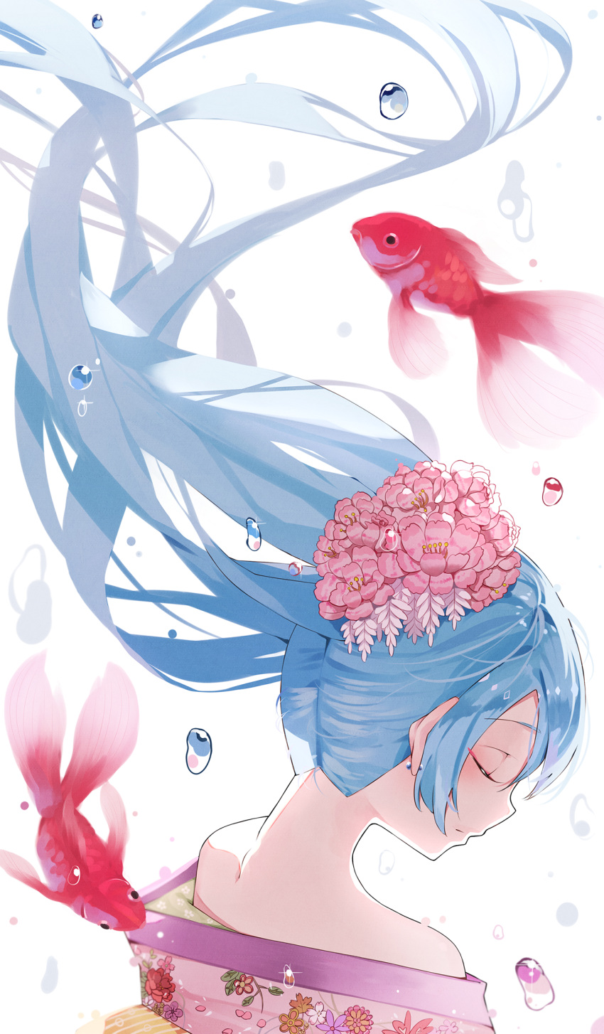 1girl alternate_costume alternate_hairstyle animal bangs bare_shoulders blue_hair close-up closed_eyes commentary earrings expressionless fish floating_hair flower flower_request goldfish hair_flower hair_ornament hatsune_miku head_tilt highres japanese_clothes jewelry koi levi9452 long_hair nape pink_flower profile short_bangs simple_background solo symbol_commentary upper_body very_long_hair vocaloid water_drop white_background