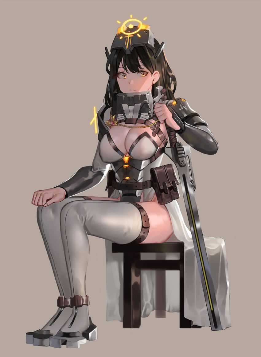 1girl belt black_hair boots breasts brown_hair cleavage highres holding ihobus long_hair original pouch sitting solo thigh-highs thigh_boots thigh_strap yellow_eyes