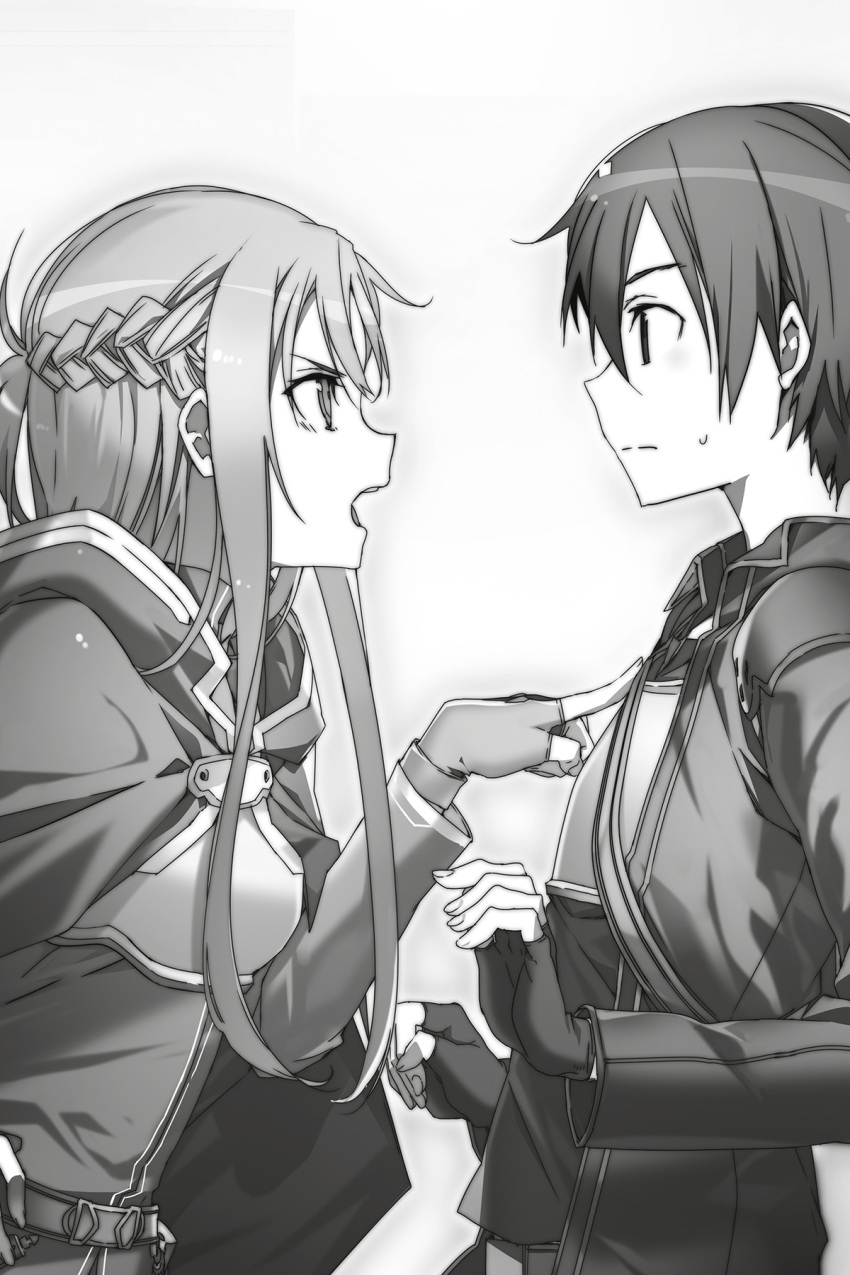 1boy 1girl abec asuna_(sao) braid breastplate crown_braid eye_contact fingerless_gloves from_side gloves greyscale hand_on_hip highres index_finger_raised kirito long_hair looking_at_another monochrome novel_illustration official_art open_mouth sidelocks sweatdrop sword_art_online