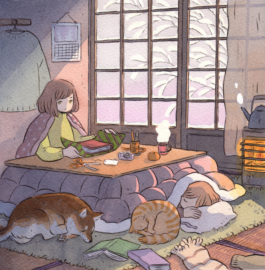 2girls animal bangs book brown_hair calendar_(object) cat closed_eyes clothes_hanger curtains dog food fruit green_eyes heikala highres indoors kettle long_sleeves lying medium_hair multiple_girls no_nose on_side orange original pillow rug scissors sitting sleeping steam window