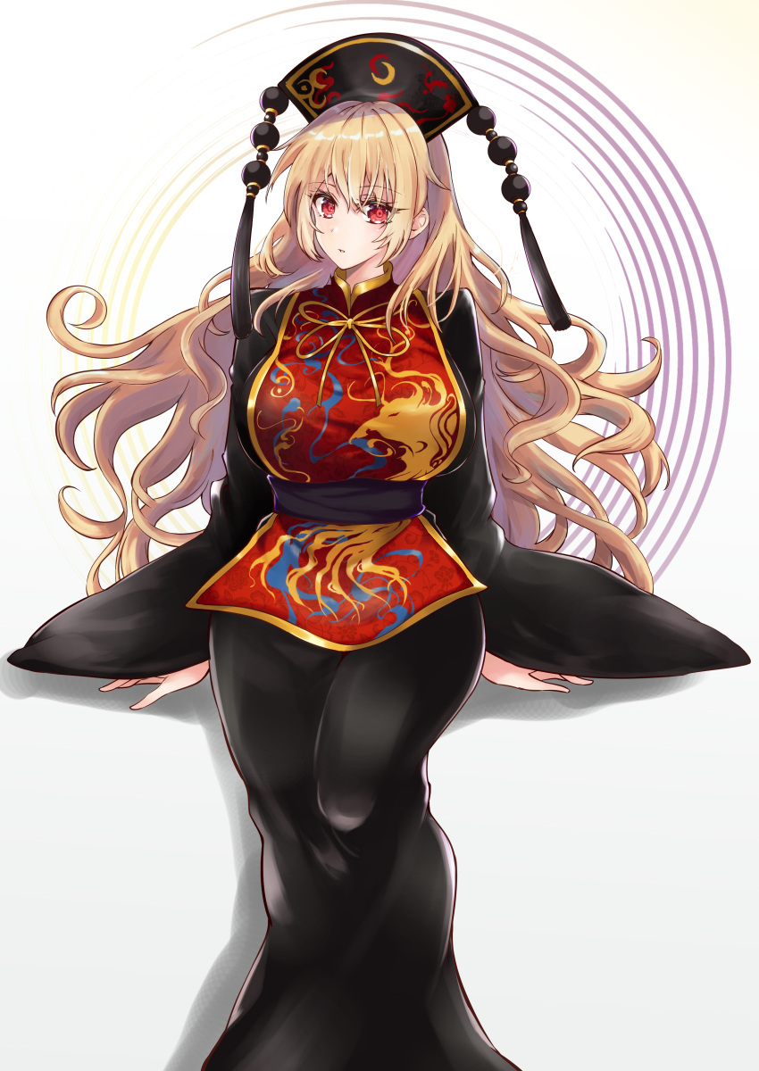1girl absurdres blonde_hair breasts commentary_request dress eyebrows_visible_through_hair eyelashes headdress highres hip_focus junko_(touhou) kurokan_(kokkyou_oudan) large_breasts long_hair looking_at_viewer parted_lips red_eyes ribbon sash shadow sideways_glance sitting solo tabard tassel touhou very_long_hair wavy_hair wide_sleeves