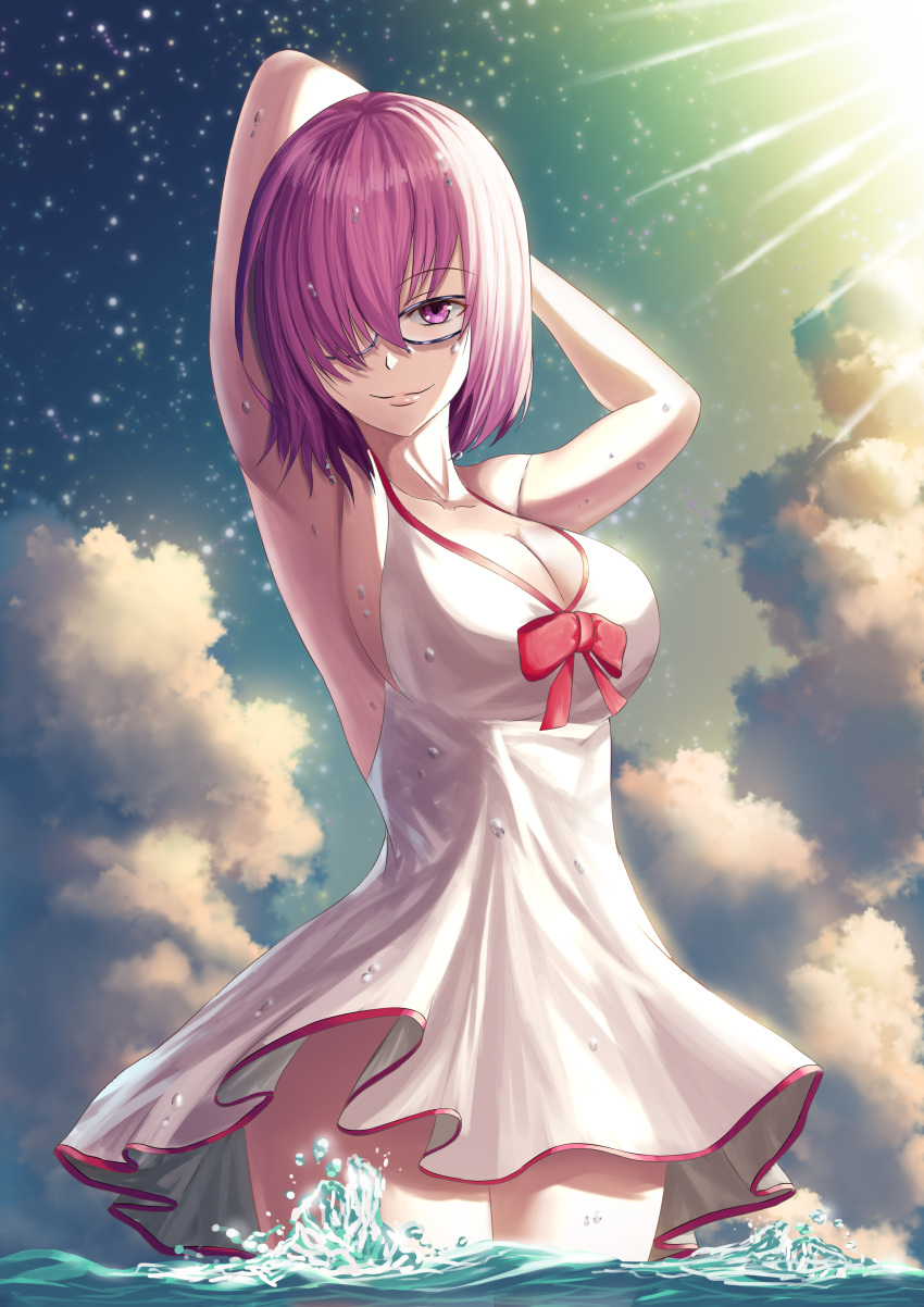 1girl absurdres armpits arms_behind_head arms_up blue_sky breasts cleavage clouds dress droplets fate/grand_order fate_(series) fujifuji924 glasses hair_over_one_eye highres large_breasts light_rays looking_at_viewer mash_kyrielight purple_hair short_hair sideboob sky smile smirk sundress swimsuit violet_eyes wading wet
