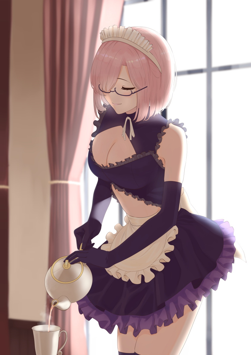 1girl absurdres alternate_costume apron artist_request backlighting bare_shoulders black-framed_eyewear blush breasts cleavage cleavage_cutout closed_eyes closed_mouth cup curtains dress elbow_gloves enmaided fate/grand_order fate_(series) frills glasses gloves hair_over_one_eye highres large_breasts lavender_hair maid maid_headdress mash_kyrielight pouring purple_dress purple_gloves short_hair smile solo teacup teapot waist_apron window