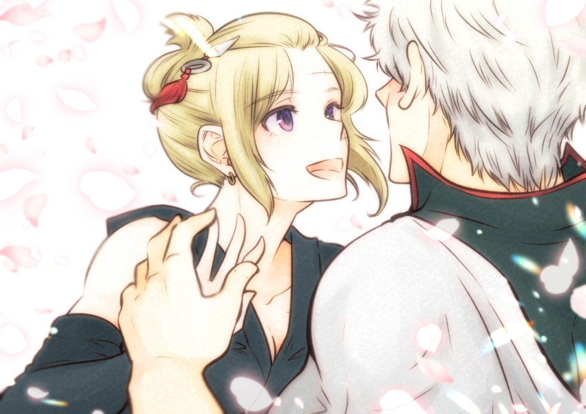 1boy 1girl :d absurdres black_kimono black_sleeves blonde_hair breasts cleavage collarbone detached_sleeves earrings eyebrows_visible_through_hair gintama hair_ornament highres japanese_clothes jewelry kimono long_sleeves medium_breasts open_mouth paleatus petals sakata_gintoki scar short_hair silver_hair sleeveless sleeveless_kimono smile tied_hair tsukuyo_(gintama) violet_eyes