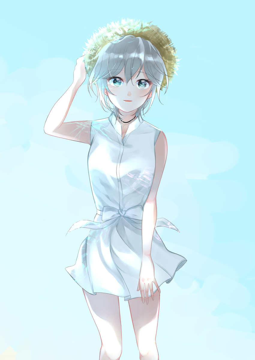 1girl absurdres anastasia_(idolmaster) blue_background blue_eyes collarbone collared_shirt dress_shirt hair_between_eyes hand_on_headwear haruno_(haruno_na) hat highres idolmaster idolmaster_cinderella_girls idolmaster_cinderella_girls_starlight_stage jewelry looking_at_viewer miniskirt necklace parted_lips pleated_skirt shiny shiny_hair shirt short_hair silver_hair simple_background skirt sleeveless sleeveless_shirt solo standing straw_hat sun_hat white_shirt white_skirt yellow_headwear