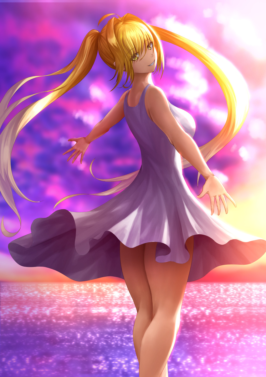 1girl absurdres ahoge alternate_costume blonde_hair breasts dress fate/grand_order fate_(series) fujifuji924 hair_intakes highres large_breasts legs long_hair looking_at_viewer nero_claudius_(fate) nero_claudius_(fate)_(all) ocean outstretched_arms smile solo sundress sunset thighs twintails water yellow_eyes