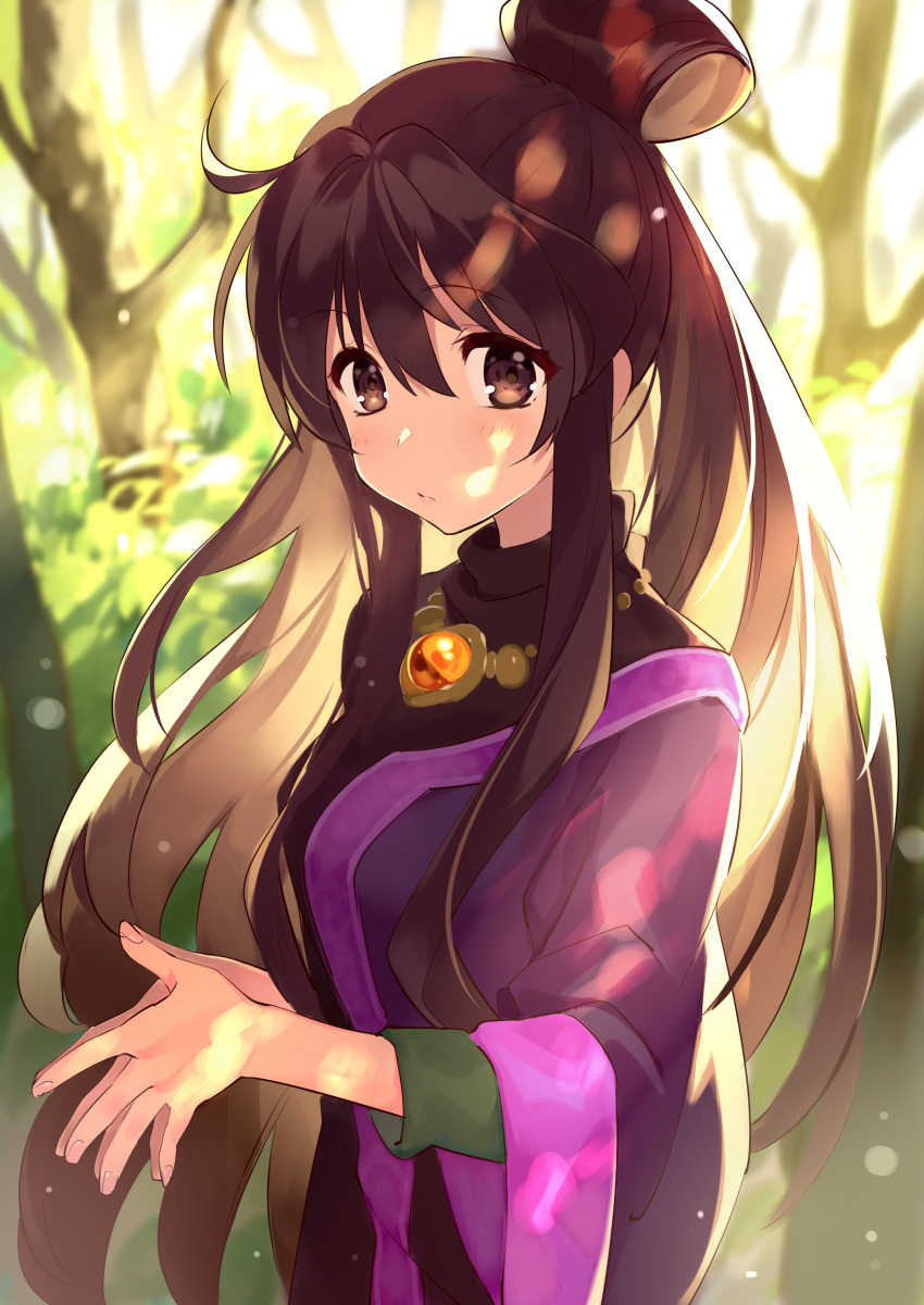 1girl absurdres blush brown_hair closed_mouth commentary_request day fingernails gem hair_rings highres japanese_clothes jewelry kimono komeo15 long_hair long_sleeves looking_at_viewer necklace original outdoors own_hands_together purple_kimono sidelocks solo sunlight tareme tree upper_body very_long_hair wide_sleeves