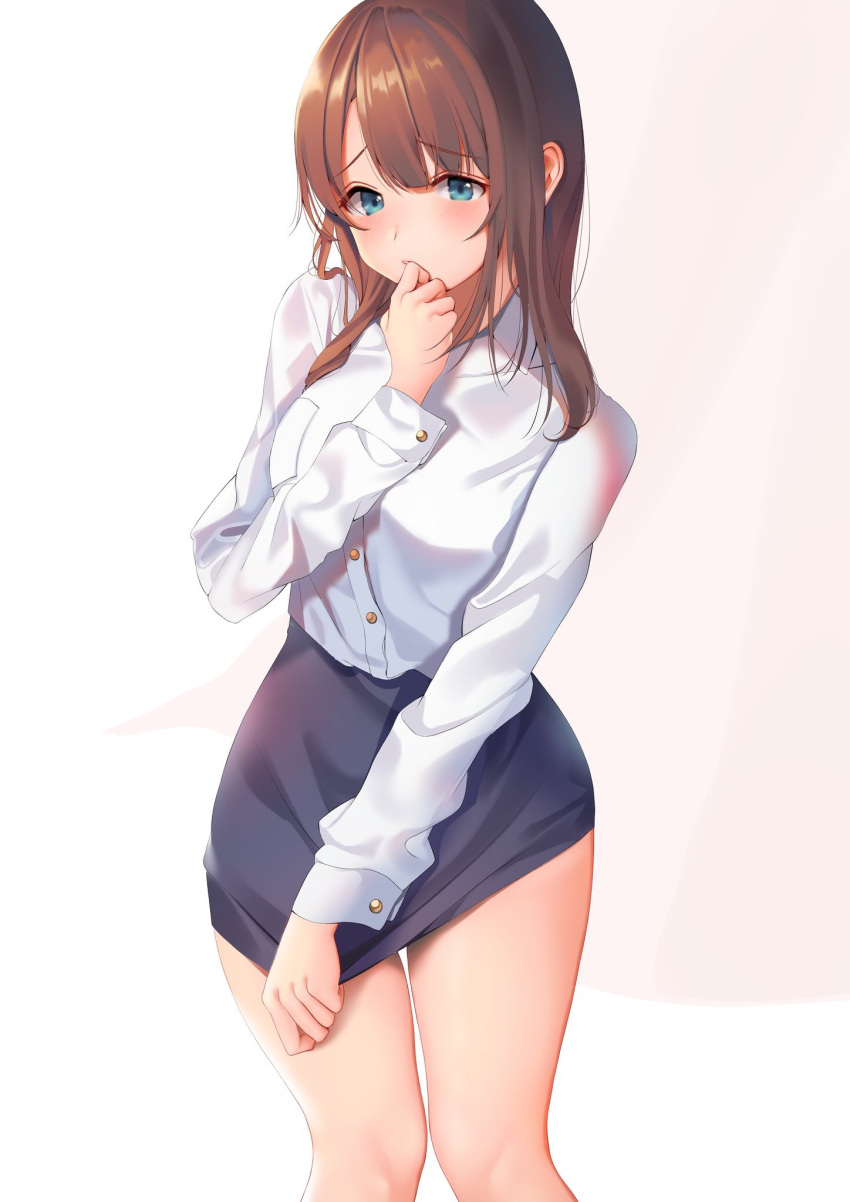 1girl bangs black_skirt blue_eyes blush breasts brown_hair buttons closed_mouth collared_shirt covering covering_crotch cowboy_shot dress_shirt embarrassed eyebrows_visible_through_hair formal green_eyes hair_between_eyes hand_to_own_mouth hand_up highres inushima large_breasts long_hair long_sleeves looking_at_viewer miniskirt office_lady original pencil_skirt shirt skirt skirt_suit skirt_tug solo standing suit teacher thighs white_shirt wing_collar