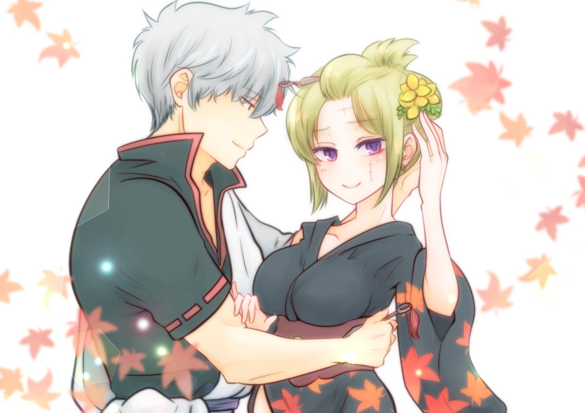 1boy 1girl absurdres asymmetrical_sleeves autumn_leaves black_shirt black_sleeves blonde_hair breasts collarbone facial_scar flower gintama hair_flower hair_ornament highres leaf looking_at_viewer maple_leaf medium_breasts obi paleatus sakata_gintoki sash scar scar_on_cheek shirt short_hair short_sleeves silver_hair tsukuyo_(gintama) violet_eyes yellow_flower