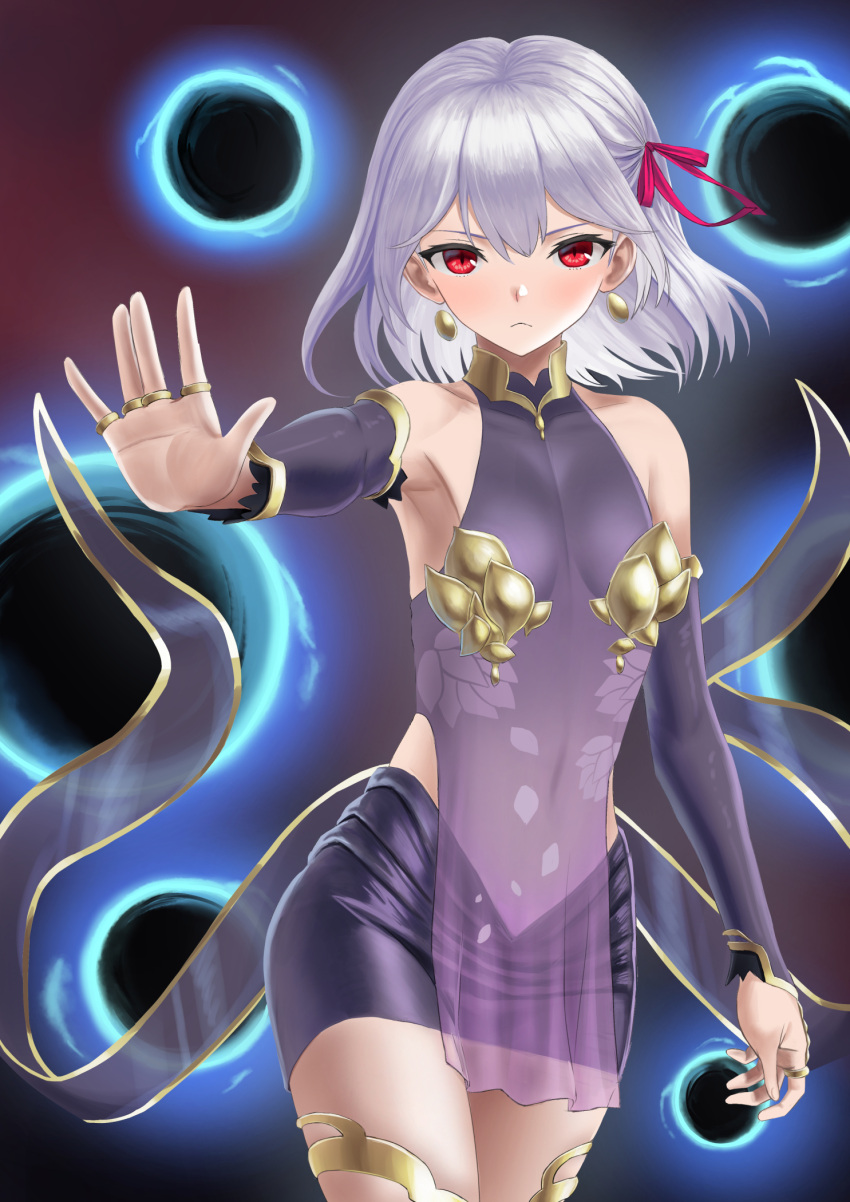 1girl arisku armpits bangs bare_shoulders breasts detached_sleeves dress earrings eyebrows_visible_through_hair fate/grand_order fate_(series) frown hair_between_eyes hair_ornament hair_ribbon highres jewelry kama_(fate/grand_order) looking_at_viewer magic purple_dress red_eyes red_ribbon ribbon ring see-through short_hair silver_hair small_breasts solo thigh-highs