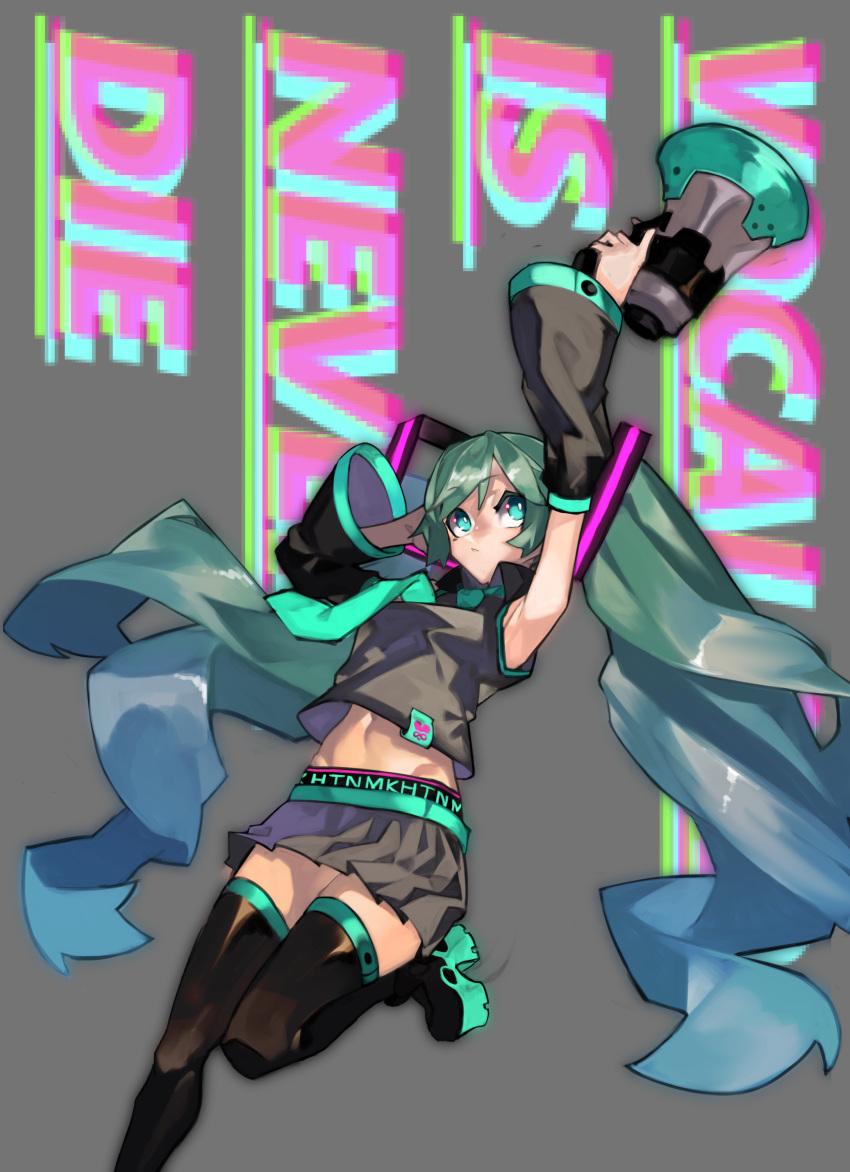 1girl absurdres ankle_boots aqua_eyes arm_up armpits balance_(superdust) black_legwear black_skirt boots detached_sleeves english_text engrish_text finger_on_trigger green_hair grey_background hand_on_own_head hatsune_miku highres long_hair looking_up megaphone navel necktie pixelated platform_boots pleated_skirt ranguage skirt solo thigh-highs twintails very_long_hair vocaloid wide_sleeves zettai_ryouiki