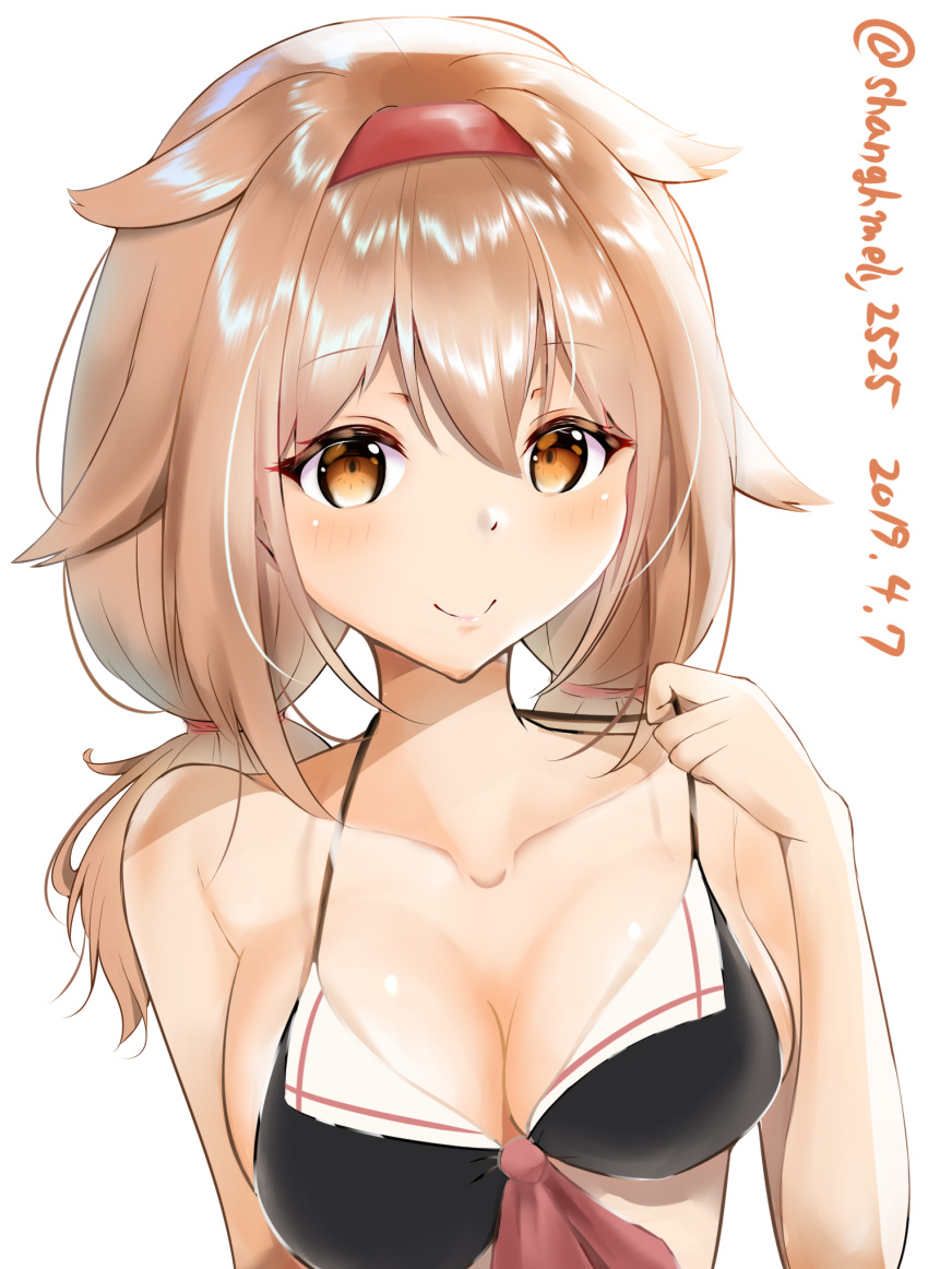 1girl 2019 adapted_costume alternate_hairstyle bangs bare_shoulders bikini black_bikini blush breasts brown_eyes brown_hair cleavage closed_mouth collarbone commentary_request dated eyebrows_visible_through_hair front-tie_bikini front-tie_top hair_between_eyes hair_flaps hair_tie hairband highres kantai_collection lipstick long_hair looking_at_viewer low_twintails makeup red_hairband remodel_(kantai_collection) shanghmely shiratsuyu_(kantai_collection) short_twintails simple_background smile solo swimsuit twintails twitter_username upper_body white_background
