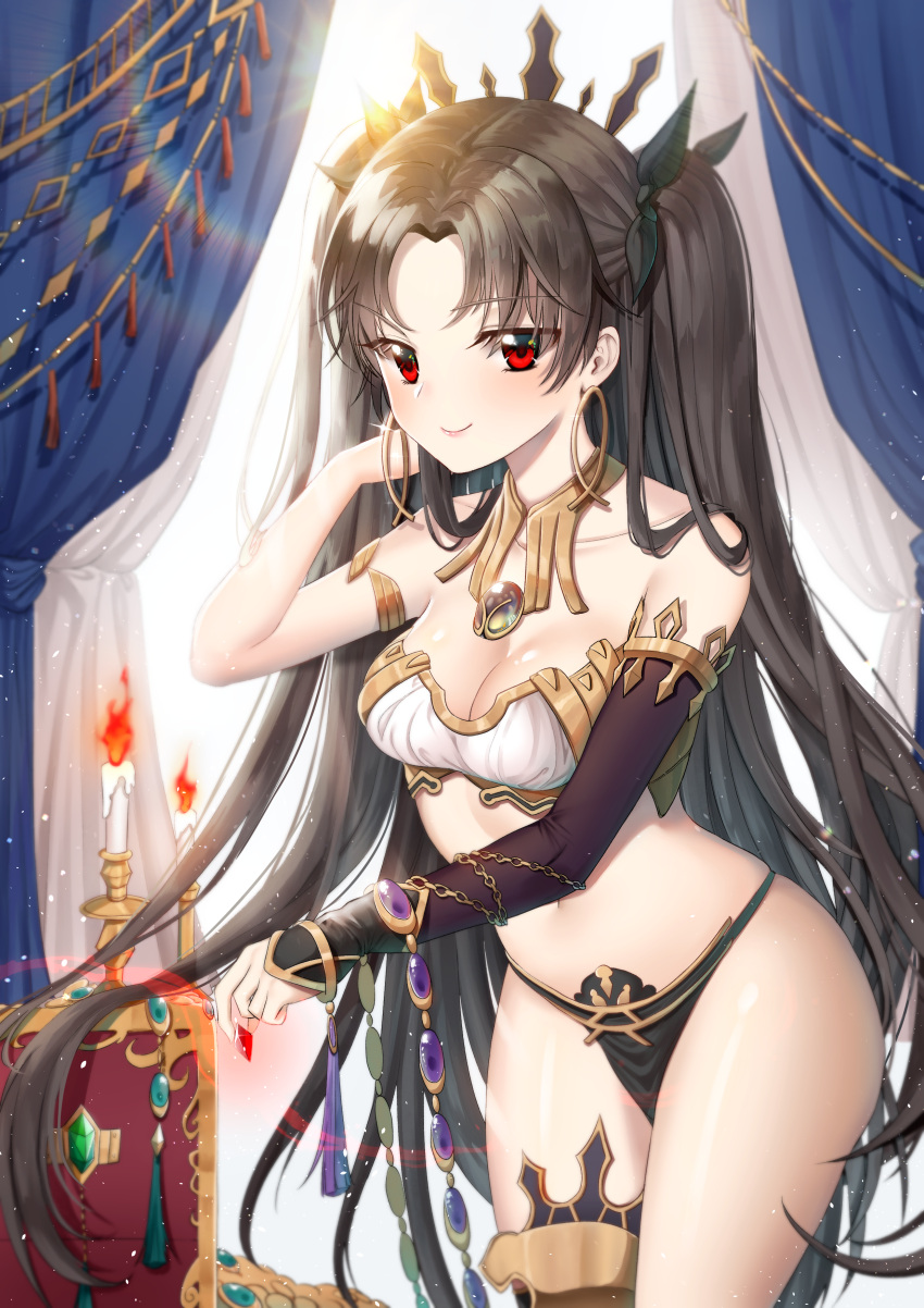 1girl absurdres bangs bare_shoulders black_hair blush breasts candle commentary_request curtains daengdaeng earrings fate/grand_order fate_(series) fire hair_ribbon highres hoop_earrings ishtar_(fate/grand_order) jewelry long_hair looking_at_viewer medium_breasts navel parted_bangs red_eyes ribbon single_thighhigh smile solo thigh-highs two_side_up