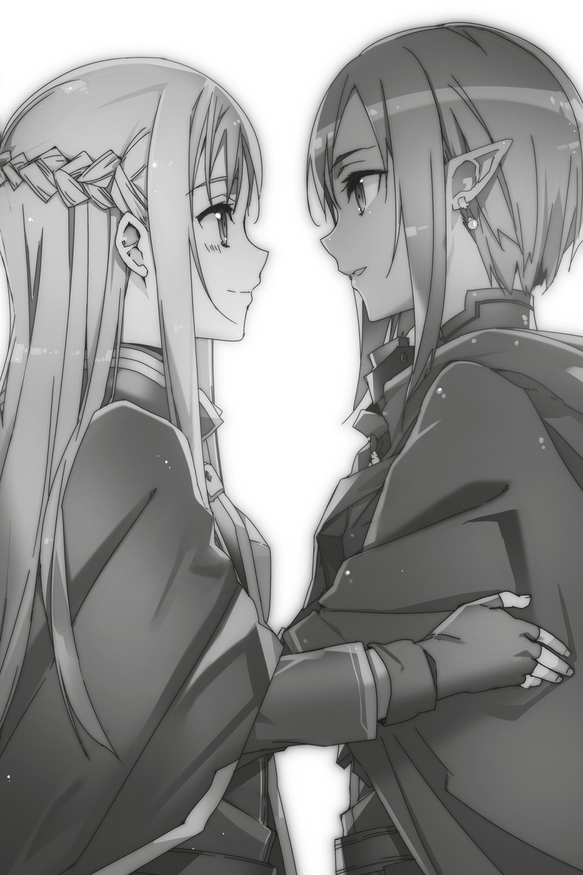 2girls abec asuna_(sao) braid cape crown_braid earrings eye_contact fingerless_gloves from_side gloves greyscale highres jewelry kizmel long_hair looking_at_another monochrome multiple_girls novel_illustration official_art parted_lips pointy_ears sidelocks simple_background standing sword_art_online very_long_hair white_background