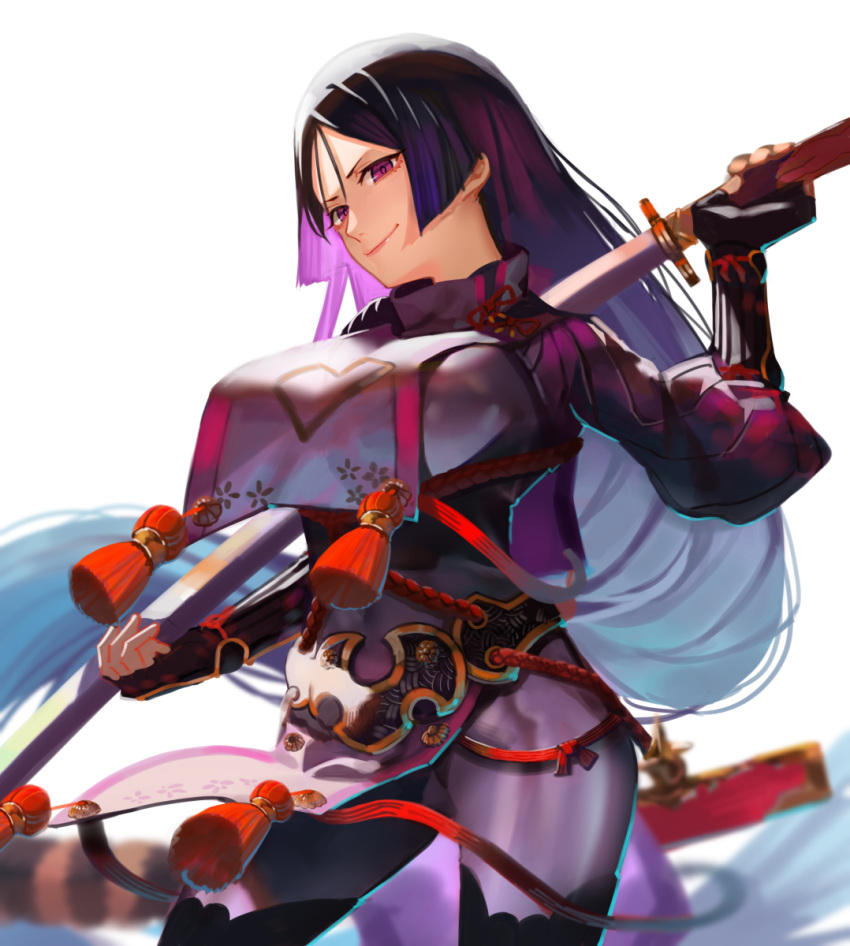 1girl belt black_gloves bodysuit breasts covered_navel fate/grand_order fate_(series) fingerless_gloves gloves highres holding holding_sword holding_weapon large_breasts long_hair looking_at_viewer minamoto_no_raikou_(fate/grand_order) over_shoulder purple_hair sheath simple_background smile sword thigh-highs ukimesato unsheathed very_long_hair violet_eyes weapon weapon_over_shoulder white_background