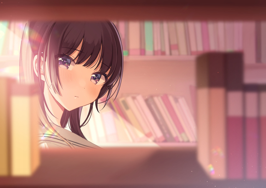 1girl bangs blurry blurry_background blurry_foreground blush book bookshelf brown_hair closed_mouth commentary_request depth_of_field head_tilt highres library light_particles long_hair looking_at_viewer looking_to_the_side original sailor_collar school_uniform serafuku shigure_ui sidelocks solo upper_body violet_eyes white_sailor_collar