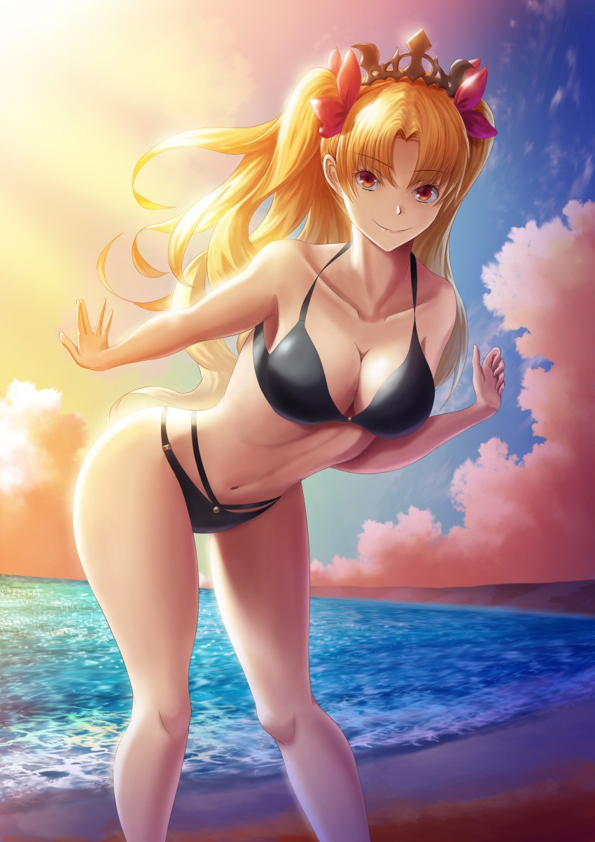 1girl absurdres beach bikini blonde_hair breasts cleavage clouds crown ereshkigal_(fate/grand_order) fate/grand_order fate_(series) fujifuji924 hair_ribbon highres large_breasts leaning_forward long_hair looking_at_viewer navel ocean outstretched_arms red_eyes red_ribbon ribbon shore smile solo standing swimsuit thighs twintails water
