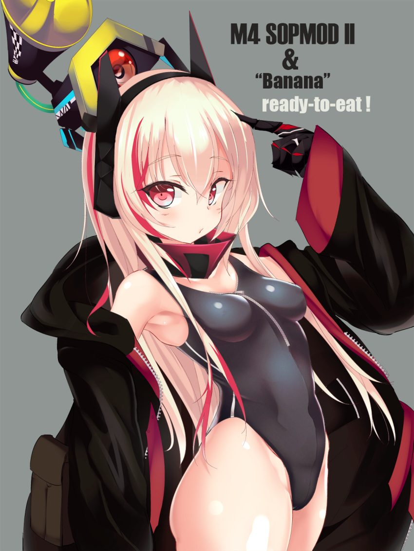 1girl black_coat black_swimsuit blonde_hair blush breasts character_name competition_swimsuit cowboy_shot eila_yagyu girls_frontline grey_background headgear highres hood hooded_coat hoodie long_hair looking_at_viewer m4_sopmod_ii_(girls_frontline) mechanical_arm medium_breasts multicolored_hair one-piece_swimsuit pointing prosthesis prosthetic_arm red_eyes redhead simple_background solo standing streaked_hair swimsuit