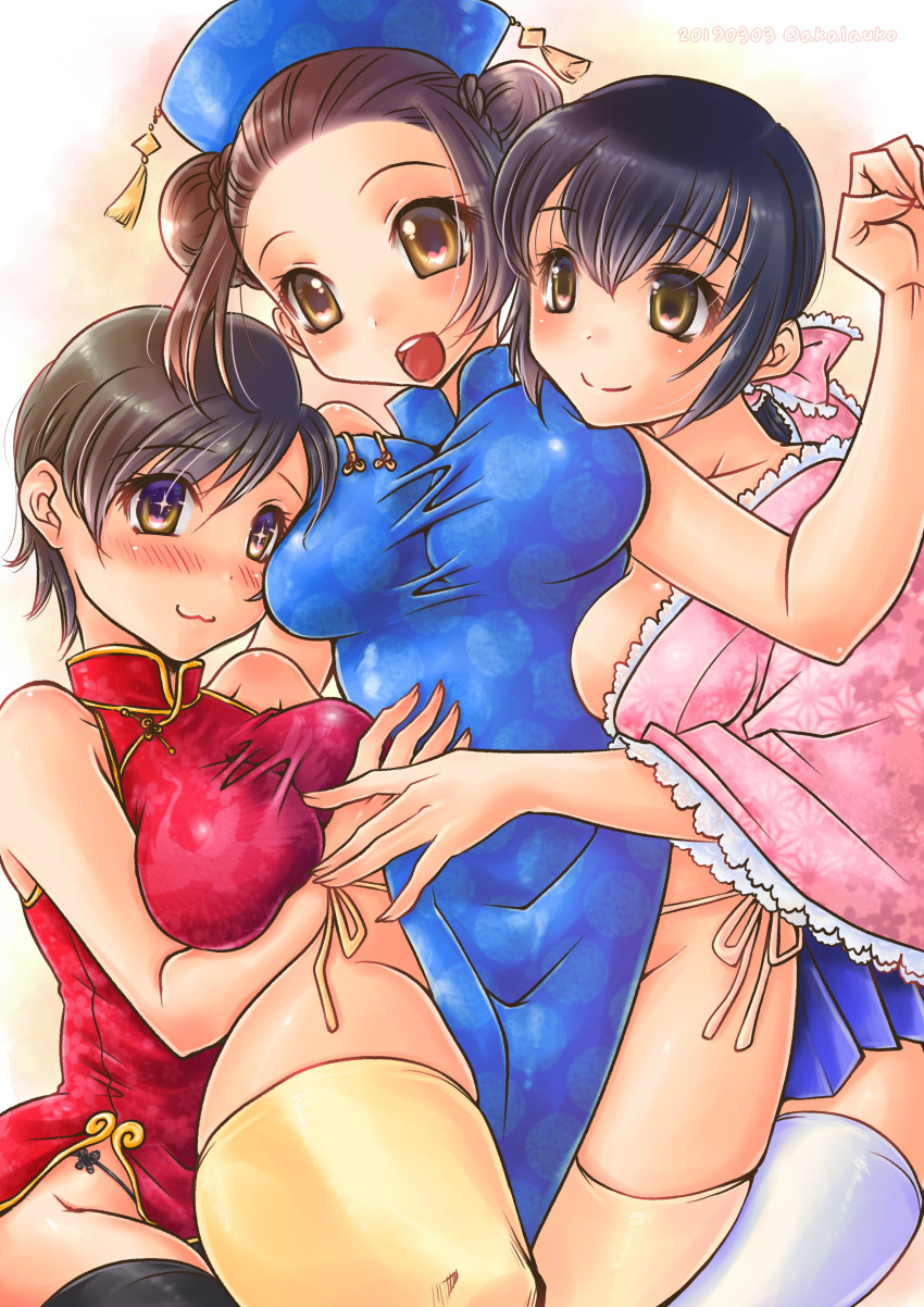 +_+ 3girls :3 absurdres alternate_costume bangs black_hair black_legwear black_panties blue_skirt bow breast_press breasts brown_eyes brown_hair china_dress chinese_clothes commentary_request double_bun dress eileen_(virtua_fighter) girl_sandwich group_picture hair_bow hat heart heart-shaped_pupils highleg highleg_dress highres ikeda_tsukasa large_breasts long_hair low-cut medium_breasts microdress miniskirt multiple_girls pai_chan panties pelvic_curtain pink_bow pleated_skirt red_dress sandwiched short_hair side-tie_panties skirt sleeveless sleeveless_dress symbol-shaped_pupils taut_clothes taut_dress thick_thighs thigh-highs thighs umenokouji_aoi unaligned_breasts underwear virtua_fighter white_legwear yellow_legwear yellow_panties zettai_ryouiki