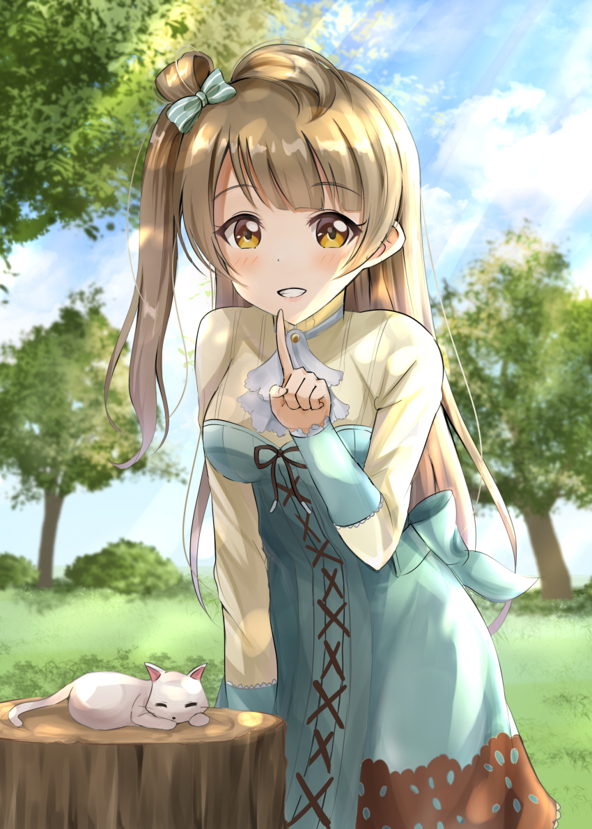 1girl absurdres animal blue_bow blue_dress blue_sky blurry blurry_background blush bow brown_eyes brown_shirt cat closed_eyes clouds cloudy_sky commentary_request dappled_sunlight day depth_of_field dress finger_to_mouth hair_bow highres leaning_forward light_brown_hair long_hair long_sleeves love_live! love_live!_school_idol_project minami_kotori one_side_up outdoors profile shirt shushing sin_(sin52y) sky sleeping sleeves_past_wrists solo striped striped_bow sunlight tree_stump very_long_hair white_cat