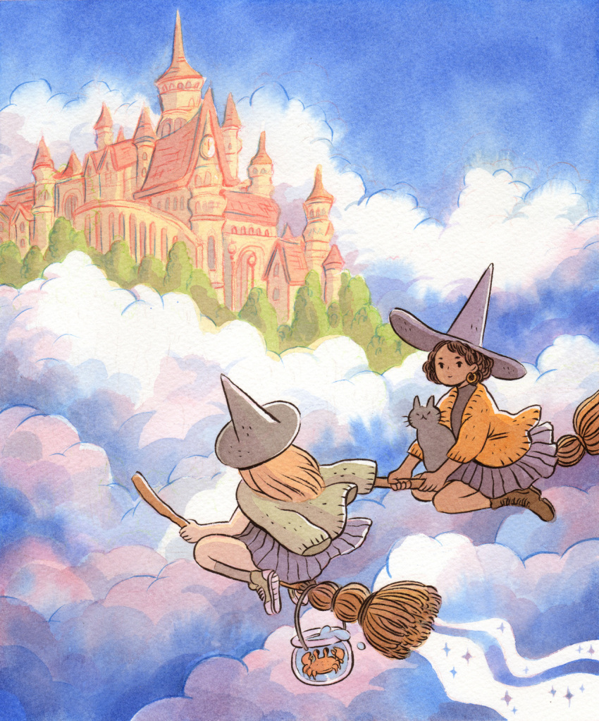 2girls black_cat blue_skirt blue_sky boots bowl broom broom_riding brown_footwear brown_hair castle cat clouds cloudy_sky crab earrings green_footwear hat heikala highres inktober jewelry long_hair multiple_girls original pleated_skirt shoes skirt sky smile tree water witch_hat