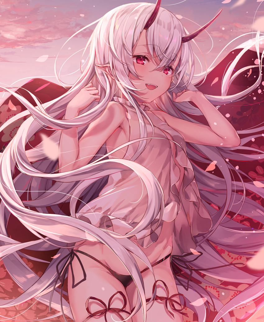 1girl bare_arms black_panties breasts commentary_request dot_nose eyebrows_visible_through_hair fangs floating_hair hair_between_eyes highres komeshiro_kasu long_hair messy_hair official_art oni_horns original panties pointy_ears red_eyes red_horns red_ribbon ribbon shirt side-tie_panties sleeveless small_breasts solo underwear white_hair white_shirt