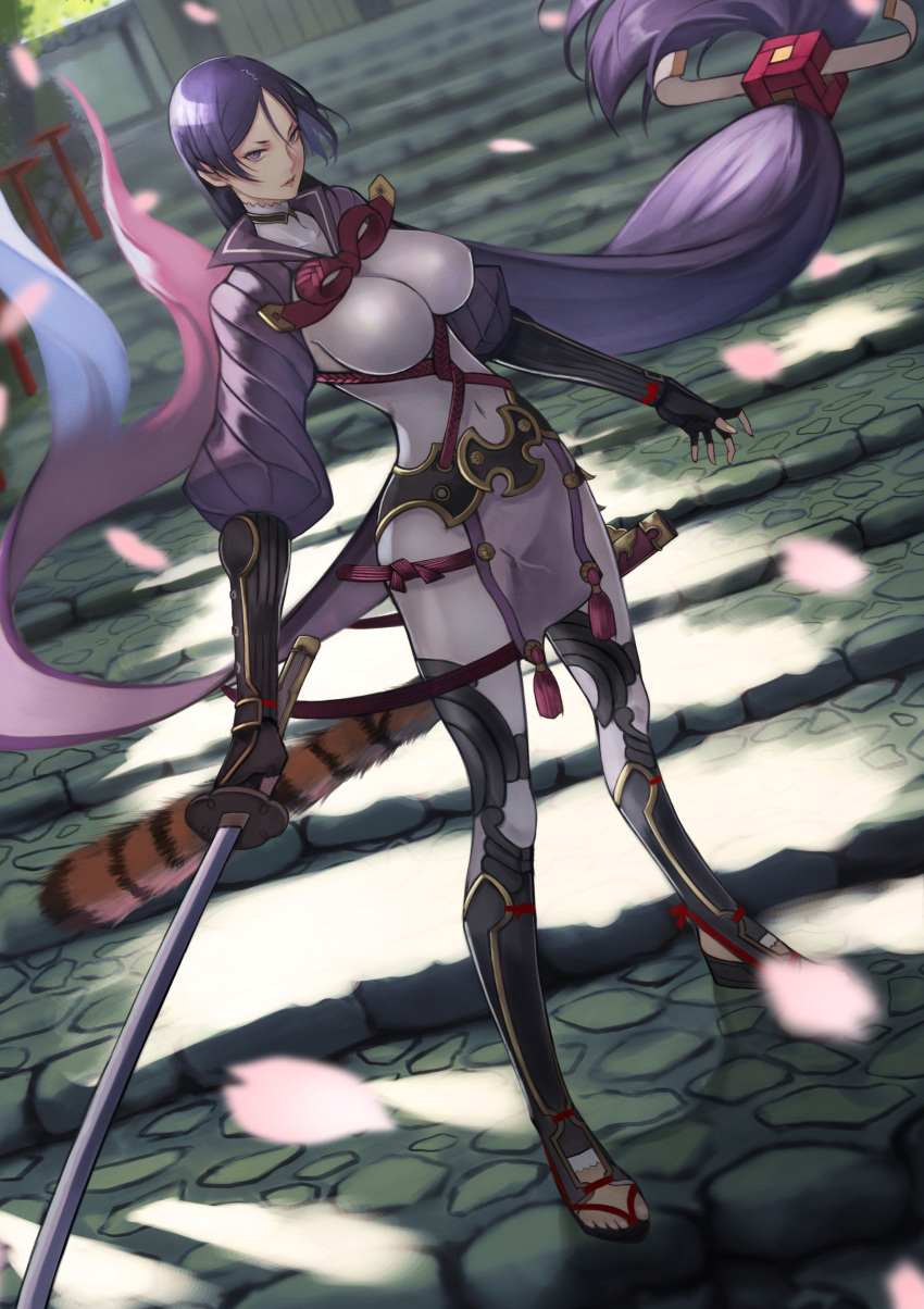 1girl 55level absurdres bangs bodysuit breasts cherry_blossoms commentary_request covered_navel fate/grand_order fate_(series) fingerless_gloves full_body gloves highres holding holding_sword holding_weapon katana large_breasts long_hair low-tied_long_hair minamoto_no_raikou_(fate/grand_order) outdoors parted_bangs purple_bodysuit purple_hair ribbed_sleeves rope solo standing sword very_long_hair violet_eyes weapon