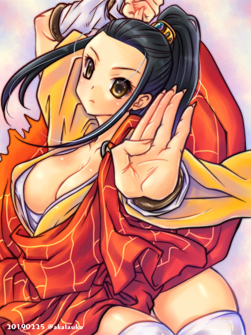 1girl :c black_hair breasts brown_eyes cleavage clenched_hand commentary_request fighting_stance forehead genderswap genderswap_(mtf) hair_tubes highres ikeda_tsukasa large_breasts lei-fei long_hair looking_at_viewer ponytail shaolin_monk shawl sidelocks solo thick_thighs thigh-highs thighs virtua_fighter white_legwear
