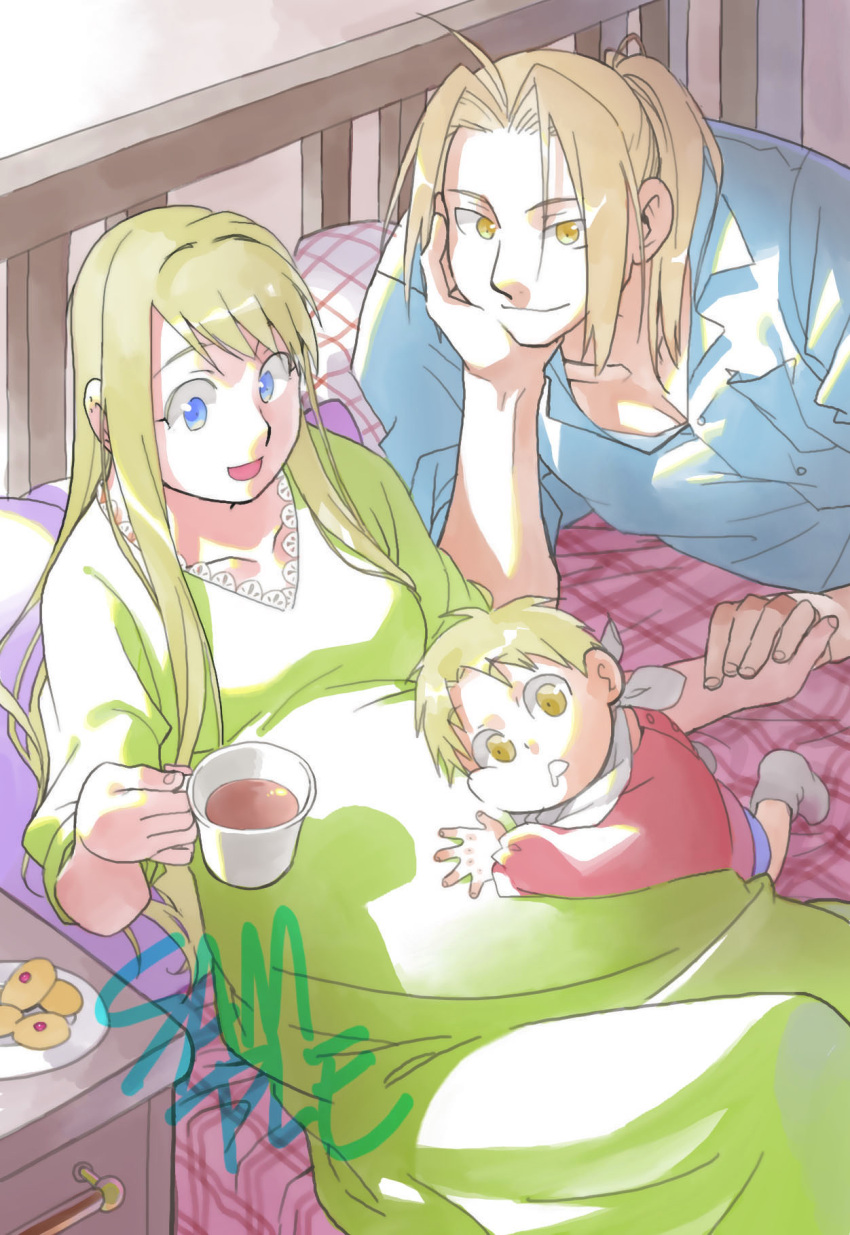 1girl 2boys baby backlighting bed bed_sheet blackfoxes blonde_hair blue_eyes blue_shirt cheek_press chin_rest couple cup day dress dress_shirt drooling edward_elric eyebrows_visible_through_hair father_and_son fingernails food fullmetal_alchemist green_dress hand_holding hand_on_own_chin happy hetero highres holding holding_cup indoors long_dress long_hair looking_down lying mother_and_son multiple_boys nightstand open_mouth pillow plate ponytail pregnant sample shirt sleeves_rolled_up smile socks sunlight winry_rockbell yellow_eyes