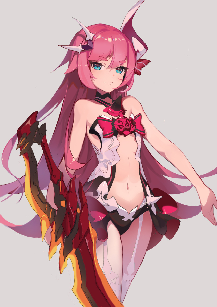 1girl :3 benghuai_xueyuan blue_eyes bow center_opening character_request closed_mouth eyebrows eyebrows_visible_through_hair grey_background highres holding holding_weapon honkai_(series) honkai_impact_3 long_hair looking_at_viewer navel pink_hair rabbit_(tukenitian) red_bow simple_background smile solo standing thick_eyebrows weapon