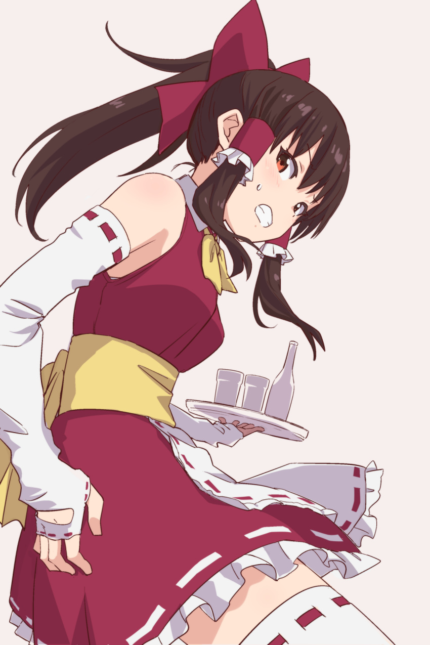 1girl alternate_costume apron bangs bare_shoulders black_hair blush bottle bow breasts clenched_teeth commentary_request cowboy_shot cup dress elbow_gloves enmaided eyebrows_visible_through_hair fingerless_gloves gloves grey_background hair_bow hair_tubes hakurei_reimu highres holding holding_tray leon_(mikiri_hassha) long_hair looking_at_viewer maid medium_breasts neck_ribbon petticoat ponytail red_bow red_dress red_eyes ribbon ribbon-trimmed_dress ribbon-trimmed_gloves ribbon-trimmed_legwear ribbon_trim sash short_dress sidelocks simple_background sleeveless sleeveless_dress solo sweat teeth thigh-highs touhou tray waist_apron white_apron white_gloves white_legwear yellow_neckwear yellow_ribbon yellow_sash zettai_ryouiki