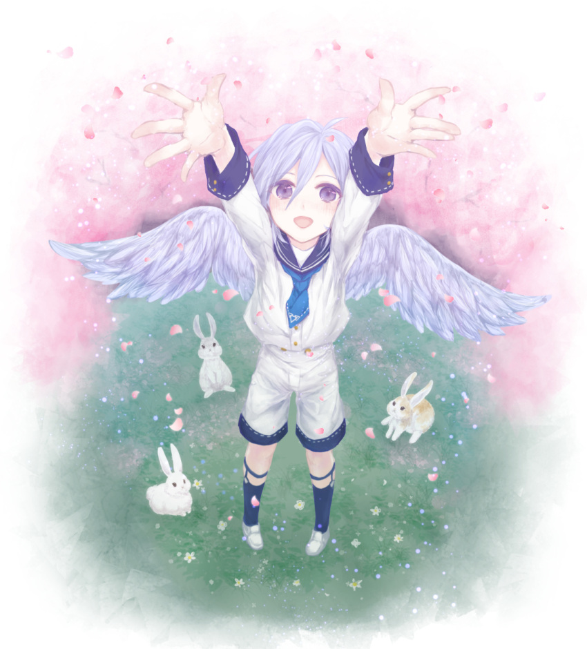 1boy :d angel_wings arms_up black_legwear blue_neckwear blue_sailor_collar blush carry_me cherry_blossoms commentary_request daisy feathered_wings flower foreshortening from_above grass hair_between_eyes highres long_sleeves looking_at_viewer male_focus neckerchief open_mouth original petals rabbit sailor_collar shirt shorts silver_hair smile socks solo standing violet_eyes white_footwear white_shirt white_shorts wings yanagino_saho
