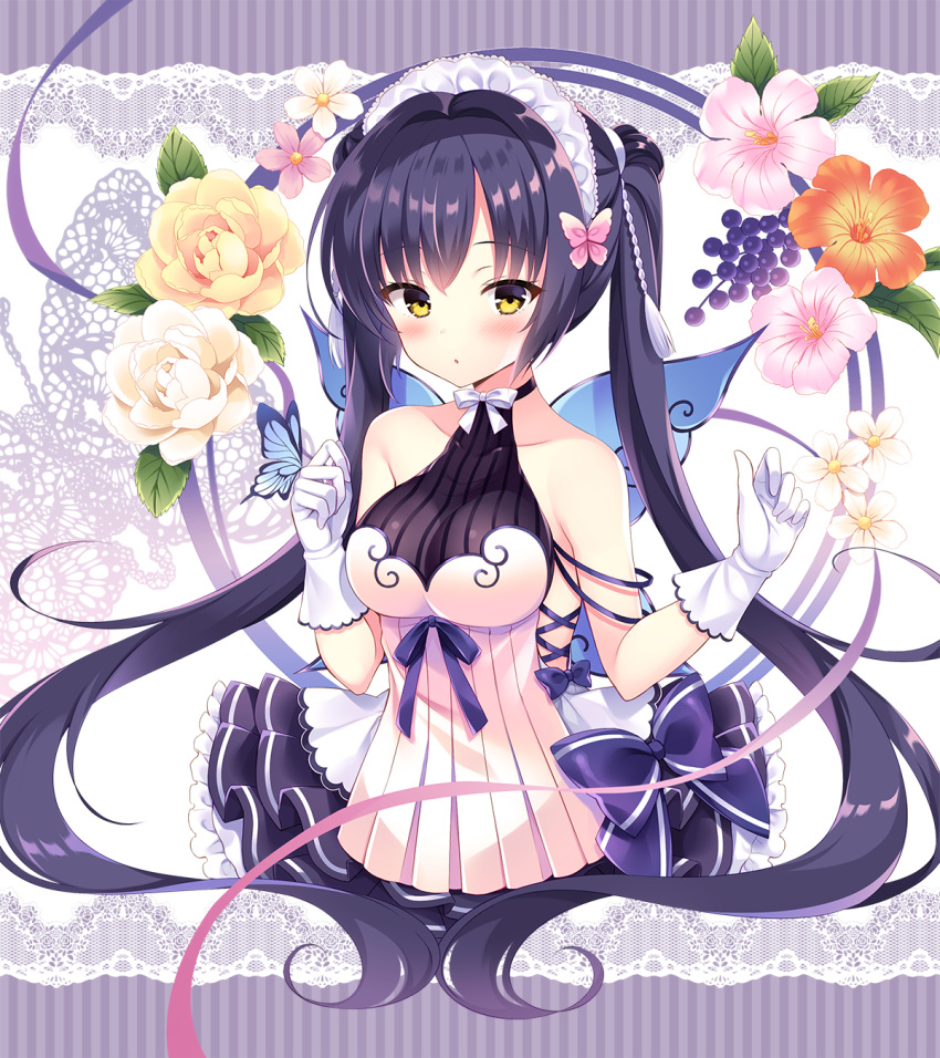 1girl animal animal_on_hand bangs bare_shoulders black_hair black_skirt blush breasts brown_flower butterfly_on_finger butterfly_on_hand collarbone commentary_request dress eyebrows_visible_through_hair flower gloves highres long_hair looking_at_viewer medium_breasts original parted_lips pink_flower pleated_dress pleated_skirt rose skirt solo tougetsu_hajime twintails very_long_hair white_dress white_flower white_gloves white_rose yellow_eyes yellow_flower yellow_rose