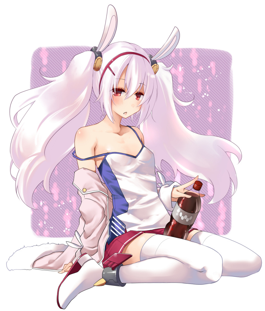 1girl animal_ears azur_lane bangs blush bottle camisole cola commentary_request eyebrows_visible_through_hair full_body fur-trimmed_jacket fur_trim hair_between_eyes hair_ornament hairband highres jacket laffey_(azur_lane) long_hair long_sleeves looking_at_viewer off_shoulder open_clothes open_jacket parted_lips pink_jacket pleated_skirt rabbit_ears red_eyes red_hairband red_skirt shoes sitting skirt sleeves_past_wrists soda_bottle solo strap_slip theta_(ponkotsu_works) thigh-highs twintails very_long_hair wariza white_camisole white_footwear white_hair white_legwear