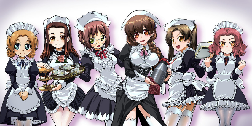 6+girls alternate_costume apron bandanna black_dress black_ribbon blue_eyes blue_neckwear braid breasts brown_eyes brown_hair clenched_hands closed_eyes closed_mouth collared_dress commentary_request crown_braid cup dress enmaided extra eyebrows_visible_through_hair flower frilled_apron frills garter_straps girls_und_panzer green_eyes hair_over_one_eye hair_ribbon hands_together head_tilt highres holding holding_tray juliet_sleeves light_blush long_sleeves looking_at_viewer maid maid_apron maid_headdress medium_breasts medium_dress multiple_girls neck_ribbon nilgiri open_mouth orange_hair orange_pekoe pantyhose petticoat pink_neckwear puffy_sleeves purple_background r-ex red_neckwear redhead ribbon rose rose_bush rosehip round_teeth rukuriri saucer short_dress short_hair single_braid small_breasts smile standing teacup teapot teeth thigh-highs tied_hair tiered_tray tray twin_braids twintails v_arms w_arms white_apron white_legwear